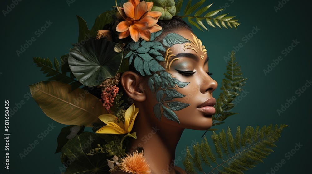 A beautiful woman with a floral crown and face paint, her eyes closed in peaceful contemplation. A beautiful woman with a floral crown and face paint, her eyes closed in peaceful contemplation.