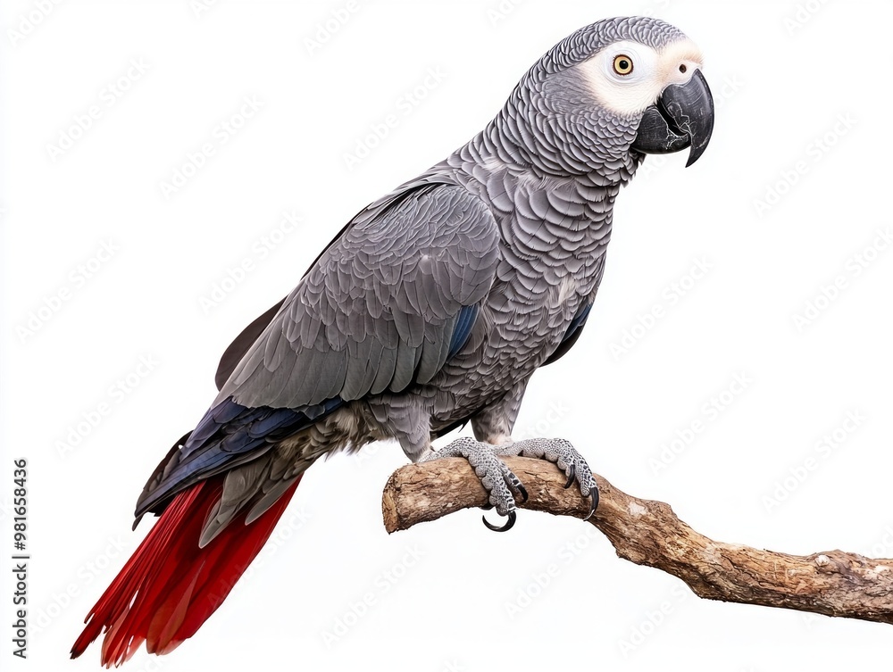 striking African grey parrot stands proudly on a natural perch, its vivid red tail feathers contrasting beautifully with its gray plumage. A captivating moment in avian beauty. striking African grey parrot stands proudly on a natural perch, its vivid red tail feathers contrasting beautifully with its gray plumage. A captivating moment in avian beauty.
