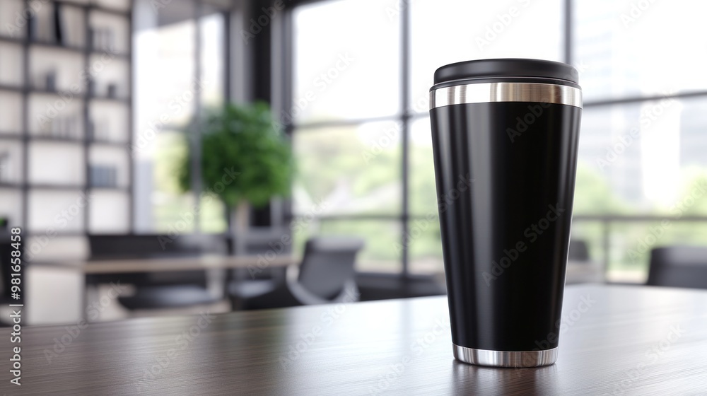 Black Travel Mug on a Wooden Table Black Travel Mug on a Wooden Table