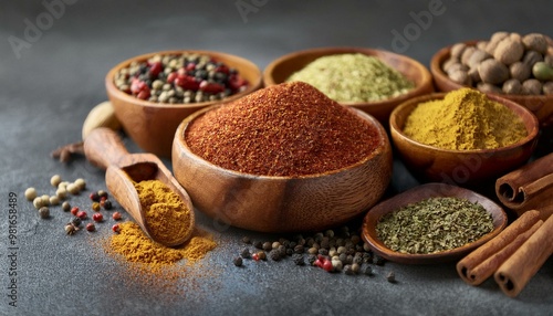  A close-up of different ground spices in wooden bowls, set on a dark stone table, with the b 