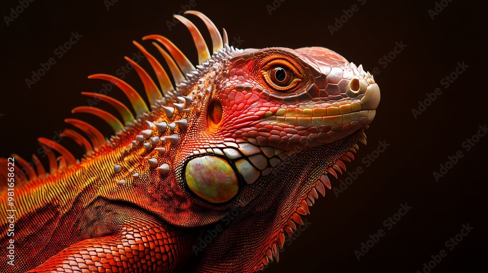 Fototapeta premium A vibrant iguana showcasing its colorful scales and unique texture under natural lighting, perfect for nature enthusiasts.