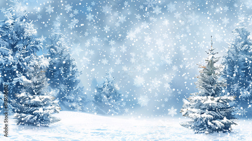 Winter Background with Christmas Trees in Snow and Snowflakes