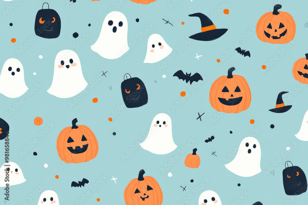 A cheerful Halloween pattern with tiny pumpkins, friendly ghosts, and cute little witches, scattered across a pastel blue background. A cheerful Halloween pattern with tiny pumpkins, friendly ghosts, and cute little witches, scattered across a pastel blue background.