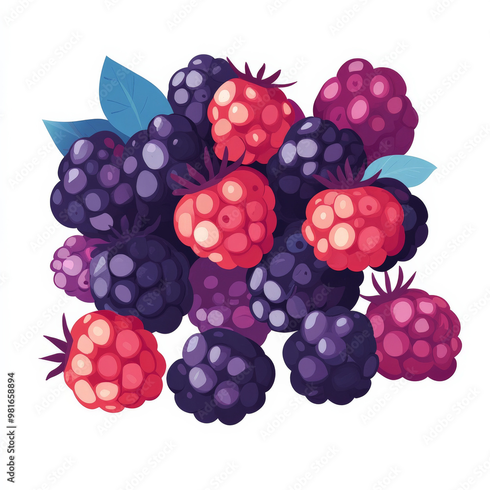 Flat illustration of fresh tayberries with vibrant red and purple tones, clean lines, and minimal shading, on a white background. Flat illustration of fresh tayberries with vibrant red and purple tones, clean lines, and minimal shading, on a white background.