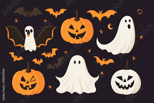 A collection of flat design Halloween elements featuring pumpkins, bats, and ghosts with simple and clean lines, perfect for a minimalist look.