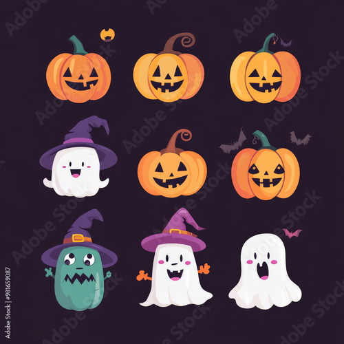 Flat Halloween characters collection featuring colorful pumpkins, spooky ghosts, and cheerful witches, designed in a clean and simple style.