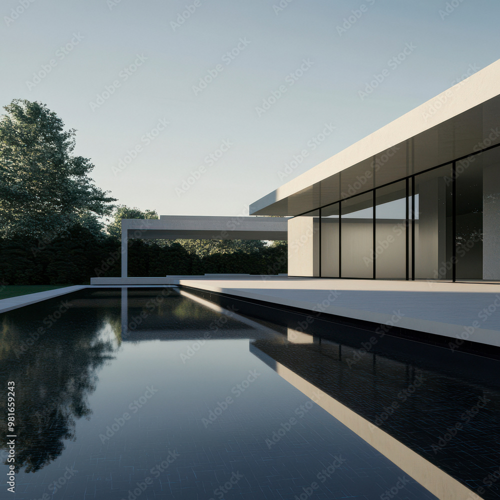 Fototapeta premium modern architectural masterpiece with sleek lines, surrounded by a tranquil reflecting pool under a clear sky