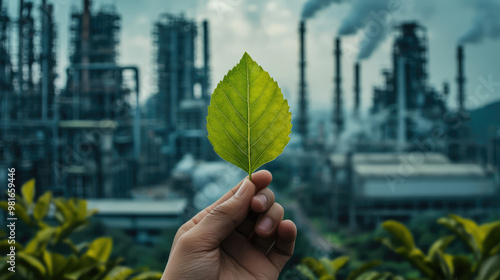 Hand holding a vibrant green leaf, clear reflection of industrial pollution in the background, symbolizing the contrast between genuine environmental efforts and deceptive greenwashing