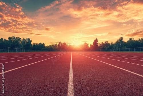 Empty nobody running track with sunset sky, sport background , ai