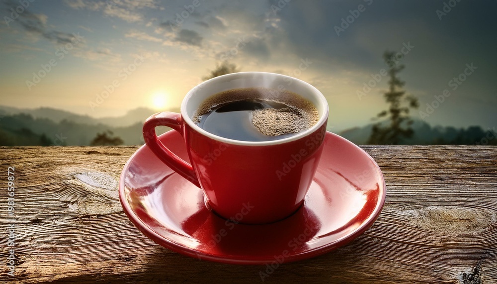Espresso in a glossy red cup on a natural, rough-hewn wooden table, with the background in a Espresso in a glossy red cup on a natural, rough-hewn wooden table, with the background in a