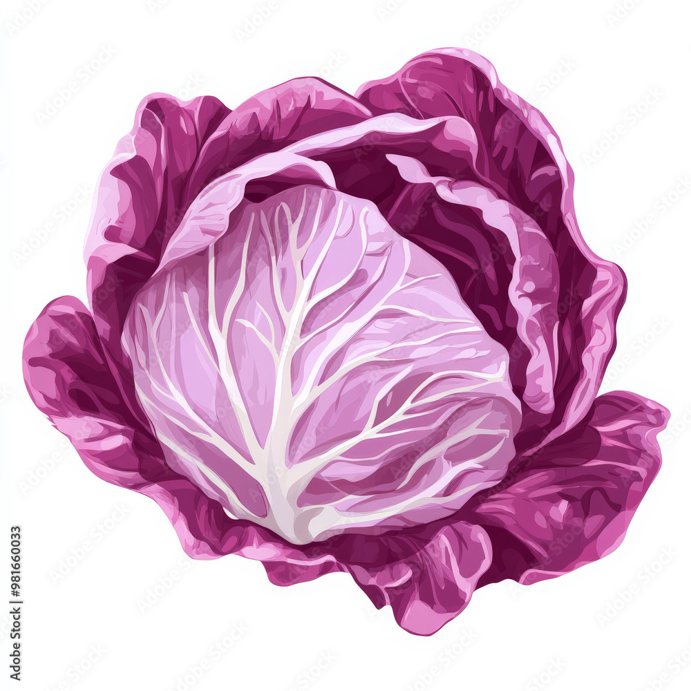 Obraz premium Flat design of a purple radicchio head, rendered with clean lines and bold, vibrant colors, isolated on white.