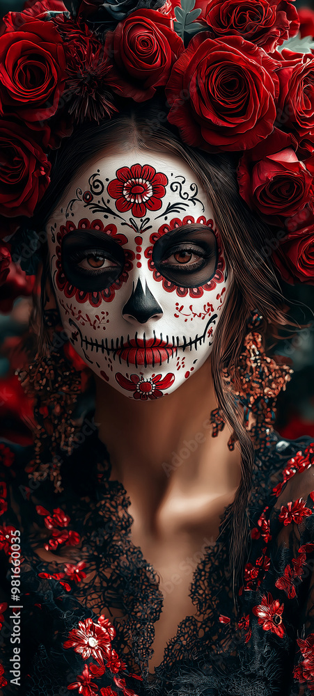 A woman wearing sugar skull makeup for Dia de Los Muertos. A woman wearing sugar skull makeup for Dia de Los Muertos.