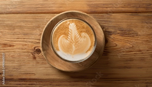  Top-down shot of a macchiato in a stylish glass cup on a raw, light oak table, with a soft