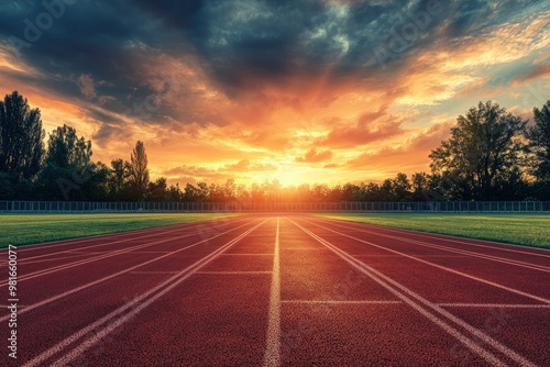 Empty nobody running track with sunset sky, sport background , ai