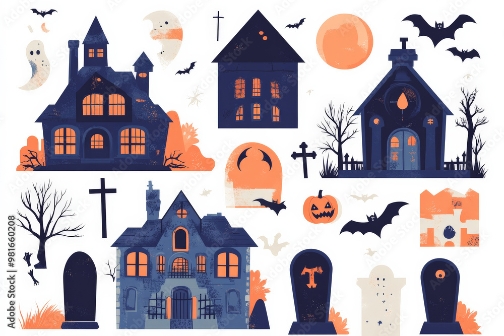 A collection of flat design Halloween elements including haunted houses, full moons, and gravestones, with bold, vibrant colors and minimal shading. A collection of flat design Halloween elements including haunted houses, full moons, and gravestones, with bold, vibrant colors and minimal shading.