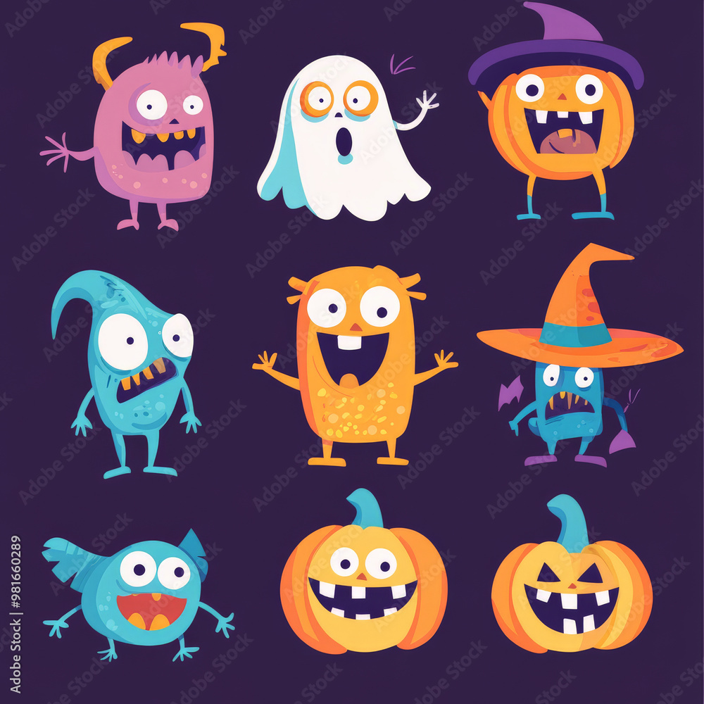 A collection of flat Halloween characters featuring fun monsters, eerie ghosts, and cheerful jack-o'-lanterns, designed in bright, simple colors. A collection of flat Halloween characters featuring fun monsters, eerie ghosts, and cheerful jack-o'-lanterns, designed in bright, simple colors.