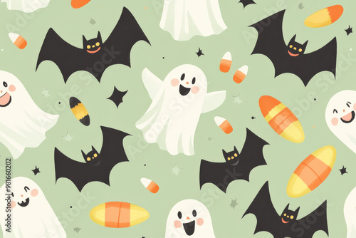 A whimsical Halloween seamless pattern featuring smiling bats, friendly ghosts, and candy corn on a soft pastel green background for a light-hearted feel.