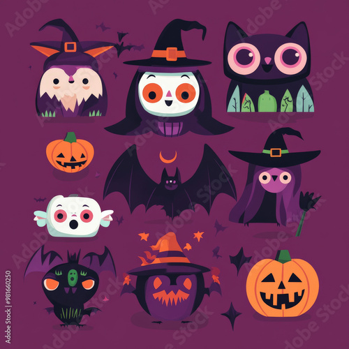 Flat design Halloween character collection with spooky bats, mischievous witches, and glowing pumpkins, arranged in a modern, colorful style.