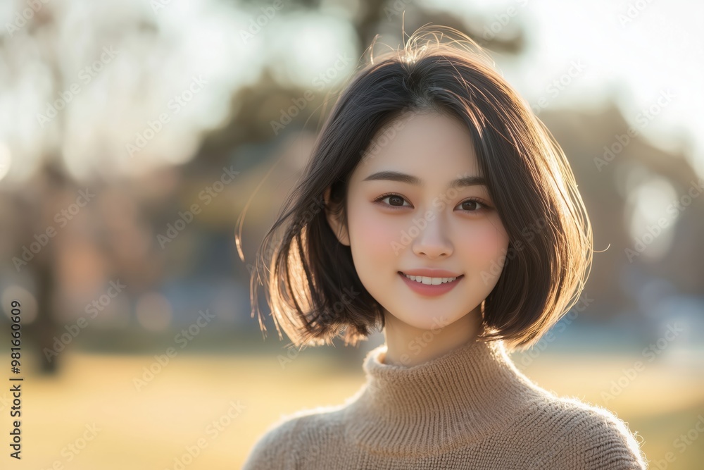 Backlit image of a Smiling charming young asian brunette posing at a beautiful park looking at the camera Backlit image of a Smiling charming young asian brunette posing at a beautiful park looking at the camera