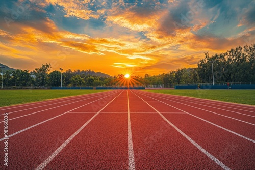 Empty nobody running track with sunset sky, sport background , ai