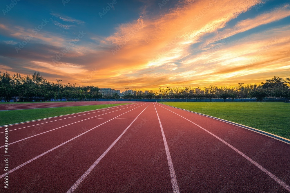 Empty nobody running track with sunset sky, sport background , ai Empty nobody running track with sunset sky, sport background , ai