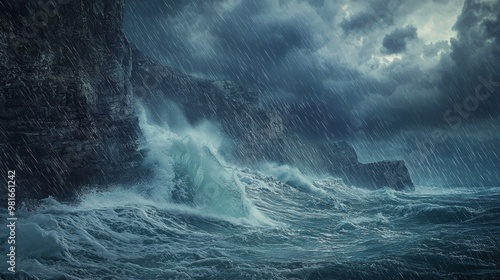 Dramatic Stormy Seascape with Crashing Waves and Ominous Clouds in Gale Force Wind