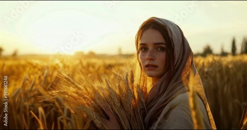 A woman in a shawl stands in a golden wheat field during sunset, holding a bundle of wheat.