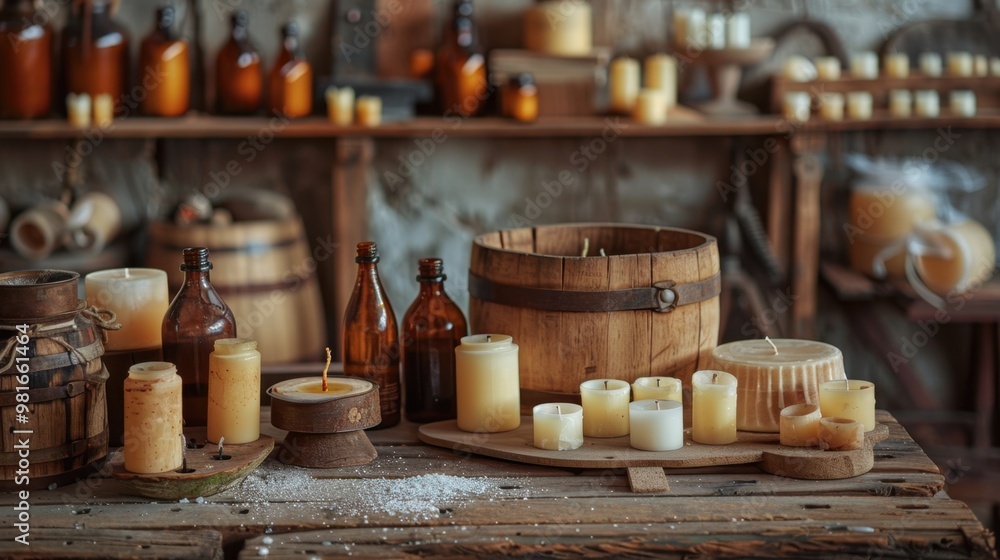 A candle-making studio with wax molds, scent bottles, and finished candles arranged on a rustic wooden table A candle-making studio with wax molds, scent bottles, and finished candles arranged on a rustic wooden table
