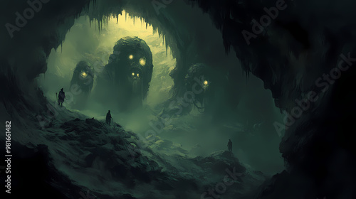 Nightmarish illustration of a dark cave with eerie creatures lurking inside. Eerie. Illustration photo