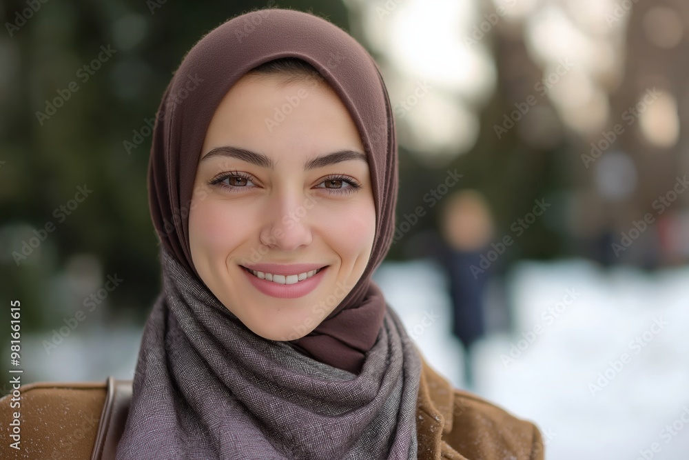 Backlit image of a Smiling charming young middle eastern muslim woman wearing a hijab posing at a beautiful park looking at the camera Backlit image of a Smiling charming young middle eastern muslim woman wearing a hijab posing at a beautiful park looking at the camera