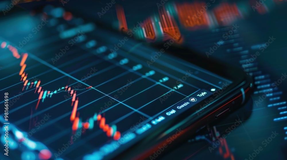 A close-up of a fluctuating candlestick chart on a smartphone screen, symbolizing real-time trading and investments A close-up of a fluctuating candlestick chart on a smartphone screen, symbolizing real-time trading and investments