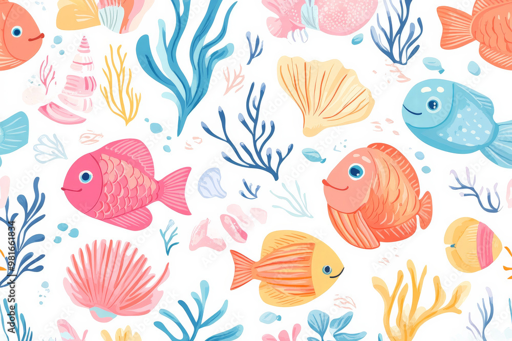 Seamless pattern of colorful fish, seaweed, and seashells in vibrant pastels for a playful underwater-themed wallpaper or fabric. Seamless pattern of colorful fish, seaweed, and seashells in vibrant pastels for a playful underwater-themed wallpaper or fabric.