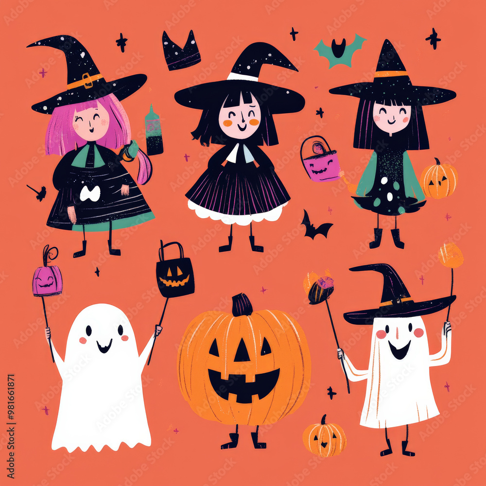 Collection of flat Halloween characters with cheerful witches, playful ghosts, and grinning pumpkins, designed with bold, contrasting colors. Collection of flat Halloween characters with cheerful witches, playful ghosts, and grinning pumpkins, designed with bold, contrasting colors.
