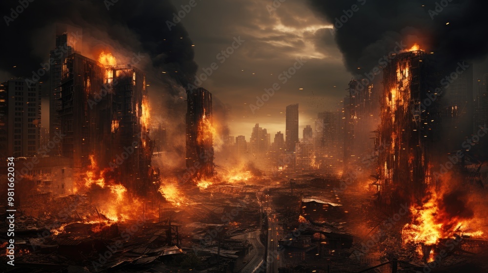A city engulfed in flames, with towering buildings burning fiercely against a backdrop of smoke and ash. A city engulfed in flames, with towering buildings burning fiercely against a backdrop of smoke and ash.