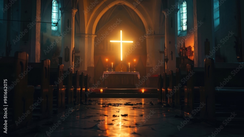 A cross illuminated by candlelight in a dim church, representing faith enduring through the darkness A cross illuminated by candlelight in a dim church, representing faith enduring through the darkness