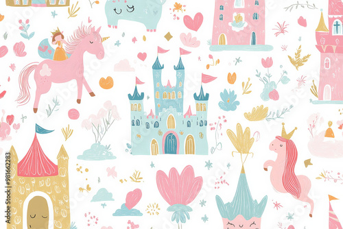 A vibrant doodle design featuring princesses, castles, and unicorns in playful pastels, ideal for childrenâ€™s wallpaper or bedding.