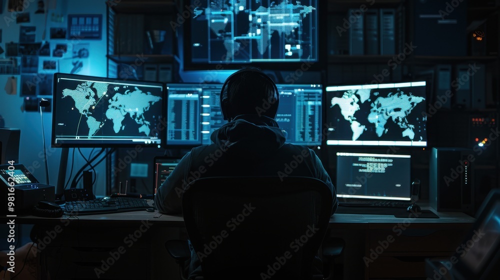 A cyber analyst working with advanced threat detection software on multiple monitors in a dark room A cyber analyst working with advanced threat detection software on multiple monitors in a dark room