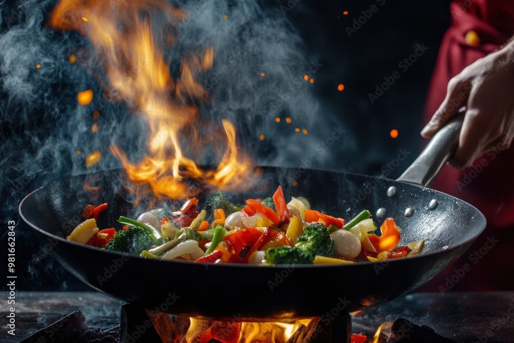 Closeup of chef throwing vegetable mix from wok pan in fire. Fresh asian food preparation on dark background , ai Closeup of chef throwing vegetable mix from wok pan in fire. Fresh asian food preparation on dark background , ai