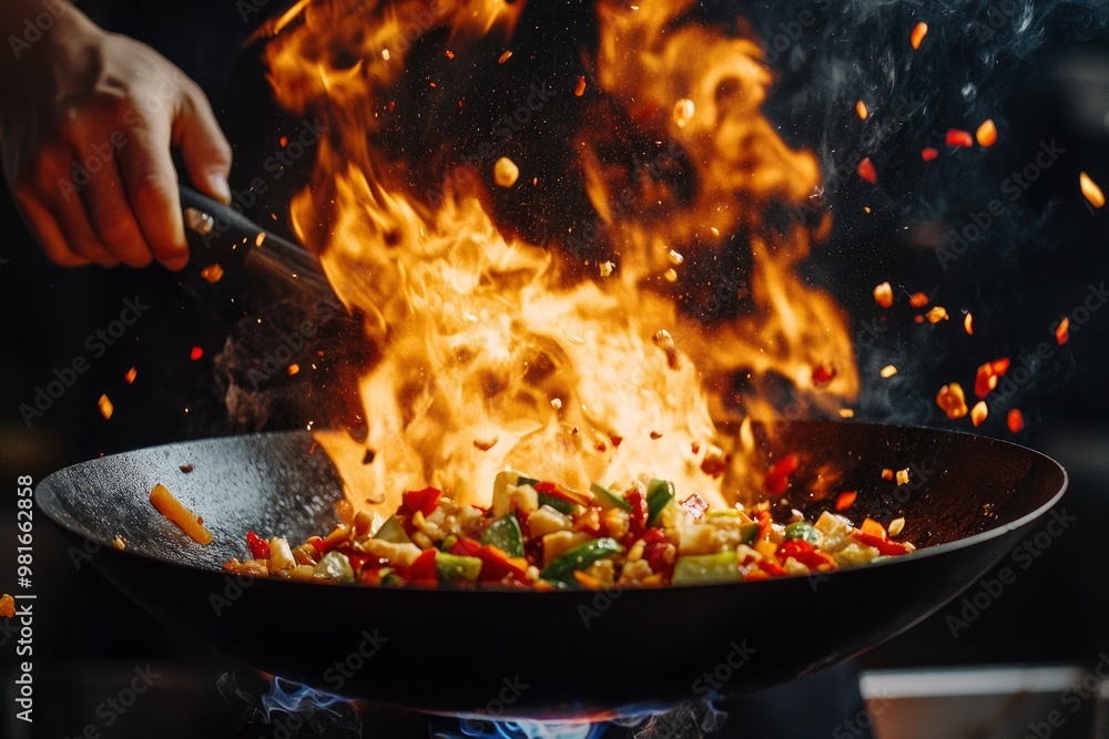 Closeup of chef throwing vegetable mix from wok pan in fire. Fresh asian food preparation on dark background , ai Closeup of chef throwing vegetable mix from wok pan in fire. Fresh asian food preparation on dark background , ai