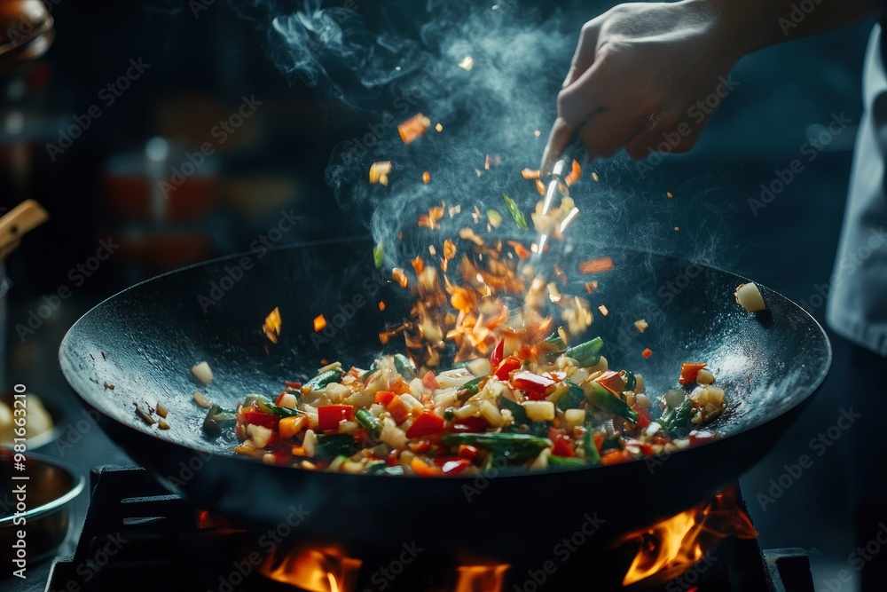 Closeup of chef throwing vegetable mix from wok pan in fire. Fresh asian food preparation on dark background , ai Closeup of chef throwing vegetable mix from wok pan in fire. Fresh asian food preparation on dark background , ai