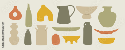 Vases of different shapes. Hand drawn table decor element collection. Cute graphic illustration set.
