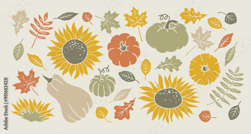Fall leaves, sunflowers and pumpkins. Autumn nature doodle elements. Graphic background with hand drawn illustration. Maple, oak and rowan leaf sketch.