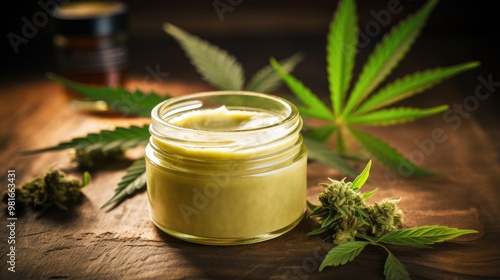 A close-up of a jar of cannabis cream, surrounded by marijuana leaves and buds. The cream is a light green color and has a smooth, creamy texture.
