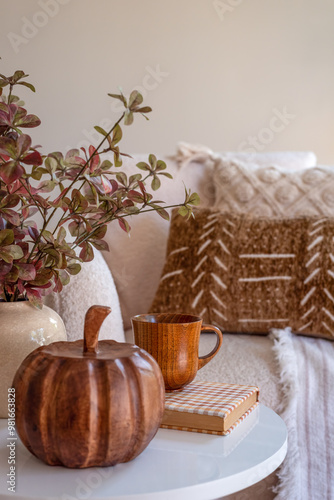 Autumn decor on a coffee table in a cozy home