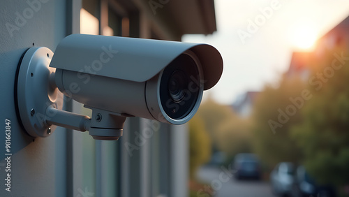 Close-up view of a modern home security camera monitoring vigilantly, showing details of advanced technology and vigilance around the area,