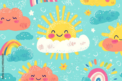 A colorful doodle pattern featuring smiling clouds, rainbows, and suns in bright pastels, perfect for kids' fabric or wallpaper.