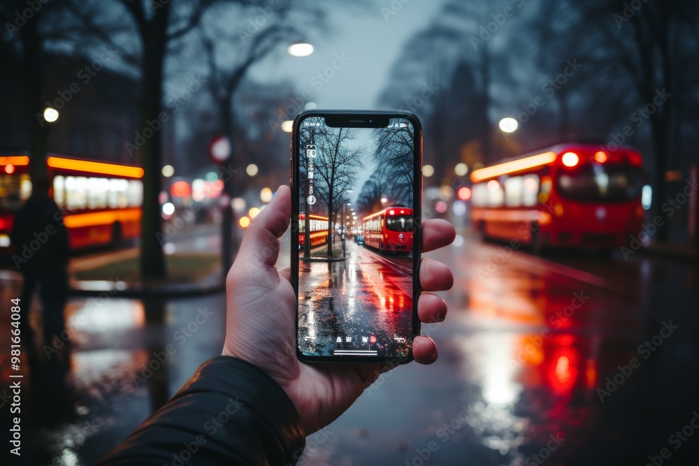 A person holds a smartphone that reflects urban lights and rain-soaked streets. Buses with illuminated fronts create a vibrant atmosphere during a rainy evening. A person holds a smartphone that reflects urban lights and rain-soaked streets. Buses with illuminated fronts create a vibrant atmosphere during a rainy evening.