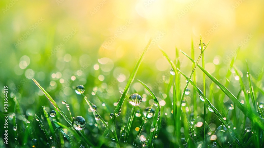 Obraz premium Dewdrops Glistening on Lush Green Grass Blades in Sunlight