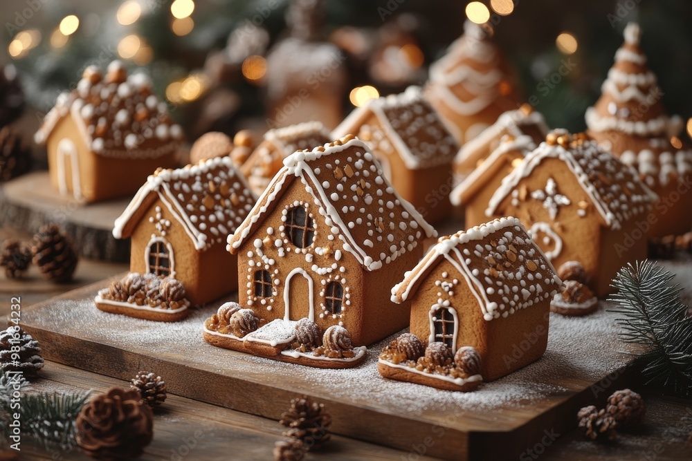 Christmas gingerbread houses on wooden table with bokeh background.. Pastries in the form of houses. Festive scene with holiday pastries. Christmas and New Year background. Christmas gingerbread houses on wooden table with bokeh background.. Pastries in the form of houses. Festive scene with holiday pastries. Christmas and New Year background.
