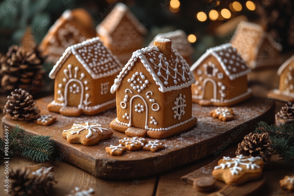 Christmas gingerbread houses on wooden table with bokeh background.. Pastries in the form of houses. Festive scene with holiday pastries. Christmas and New Year background. Christmas gingerbread houses on wooden table with bokeh background.. Pastries in the form of houses. Festive scene with holiday pastries. Christmas and New Year background.